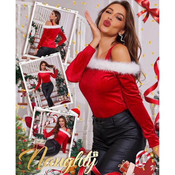 Women's Santa Velvet Long Sleeve Off The Shoulder Fur Trim Sweater Tops - Picture 4 of 5